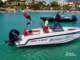 A sleek speedboat from Mirabello Boats is seen in clear turquoise waters, perfect for boating and fishing trips. The boat is actively being operated, showcasing its rental availability.