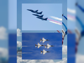 Aerial display featuring multiple jets performing maneuvers in the sky, showcasing aviation skills and artistry.