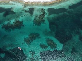 Aerial view of a boat navigating through crystal-clear turquoise waters, showcasing the vibrant underwater landscape and coral formations.