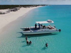 A group enjoys a sandbar stop, swimming in crystal-clear waters near their boat, showcasing the perfect beach getaway experience.