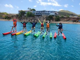 A lively group enjoys paddleboarding on colorful watercraft in clear blue waters, showcasing a fun day of water activities.
