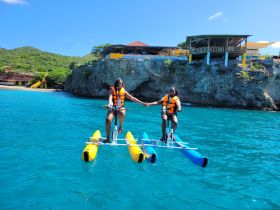 A couple enjoys a fun paddleboarding experience on vibrant blue waters, showcasing the joy of water activities in a picturesque setting.