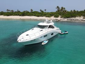 A stunning yacht anchored in crystal-clear waters, surrounded by lush greenery and a sandy beach — perfect for luxury getaways and island exploration.
