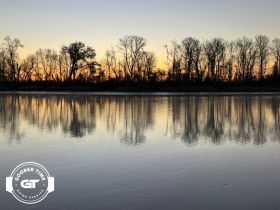 A serene sunset reflection on calm waters, showcasing the silhouette of trees along the shoreline — a tranquil moment perfect for nature lovers.
