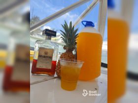A refreshing display of cocktails and tropical fruits on board, perfect for enjoying a sunny day on the water.