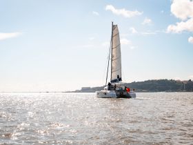 A catamaran sails gracefully on shimmering waters, with guests enjoying the ride — perfect for scenic excursions and sailing adventures.