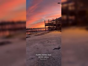 A picturesque sunset view over the water near Flora-Bama Ole River Grill in Pensacola, FL, showcasing the vibrant colors of the sky.
