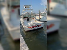 The 'MOJO' fishing boat is docked, showcasing its sleek design and readiness for adventures on the water in Ft. Morgan, AL.