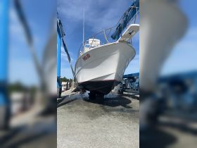 The boat 'MOJO' is prominently displayed while being lifted at the dock, showcasing its sleek hull and structure against a clear blue sky.
