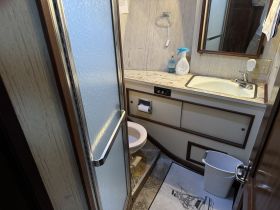 Interior view of a boat bathroom featuring a shower, sink, and toilet, showcasing the practical amenities available for guests on board.