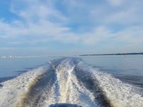 A serene view of a boat's wake as it glides across calm waters, showcasing the beauty of a tranquil day on the water.