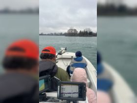 A family enjoys a fishing trip on a boat, with a scenic view of the water and trees in the background, showcasing a perfect day for outdoor adventures.