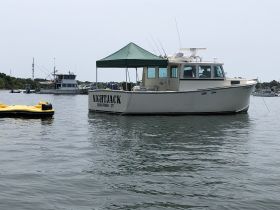 The 'NIGHTJACK' boat is docked peacefully in calm waters, showcasing its structure and design against a serene backdrop.