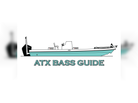 Illustration of a fishing boat labeled 'ATX BASS GUIDE', showcasing its sleek design and features, ideal for bass fishing adventures.