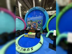 Showcasing the Sunchill MegaChill floating sunbed, perfect for relaxing on the water. This lightweight and durable equipment is ideal for beach days and boating adventures.