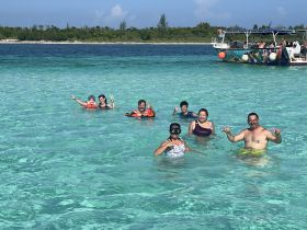A lively group enjoys a fun day swimming in crystal-clear waters, showcasing the perfect atmosphere for snorkeling and aquatic adventures.