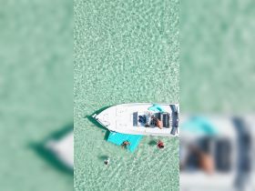 A lively group enjoys a day on the water, with some swimming and others relaxing on a floating mat next to the boat — perfect for summer fun and aquatic adventures.