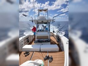 A group of anglers enjoys a day of fishing on the open ocean, showcasing camaraderie and adventure aboard a well-equipped boat.