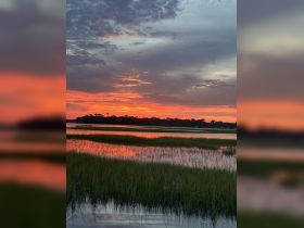A stunning sunset casts vibrant colors over the tranquil waters and marshlands, creating a picturesque scene perfect for nature lovers and photographers.
