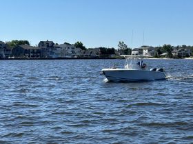 A speedboat cruises through the water with guests onboard, showcasing a lively day on the water amidst scenic waterfront homes.