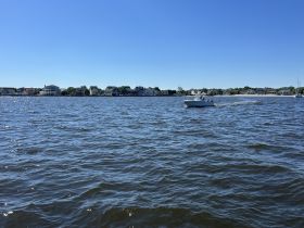 A scenic view of a boat cruising through calm waters, with picturesque homes lining the shore — perfect for a relaxing day on the water.