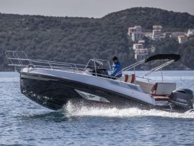 A speedboat glides through the water with a lone captain at the helm, showcasing the thrill of boating adventures in scenic surroundings.