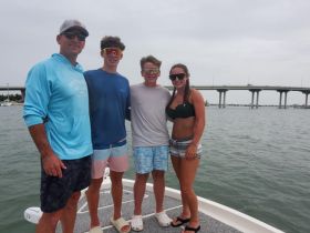 A cheerful group poses together on a boat, enjoying their time on the water — perfect for family outings or fun adventures.