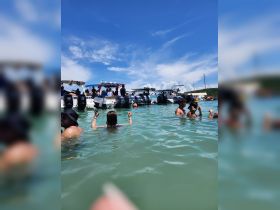 A lively scene with a group of people enjoying the water among several anchored boats, perfect for a fun day out on the water.