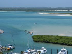 A vibrant scene showcasing boats anchored near a sandy beach, with people enjoying the water — a perfect spot for a sandbar stop and relaxation.