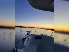 A serene view from the front of a boat at sunset, showcasing the tranquil waters and a colorful sky — perfect for evening cruises.