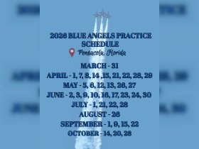 Schedule for the 2026 Blue Angels practice sessions in Pensacola, Florida, featuring key dates throughout the year.