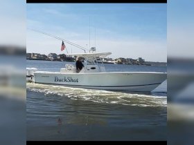 A sleek speedboat named 'BuckShot' glides through the water, showcasing its design and performance against a scenic backdrop.