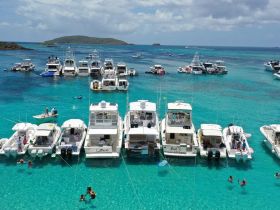 A vibrant scene at a sandbar with multiple boats anchored, where guests enjoy swimming and water activities in the stunning turquoise waters.