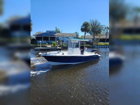 A boat named 'Daytripper' navigates through calm waters, showcasing a scenic view of the surrounding area. Perfect for a day of exploration on the water.