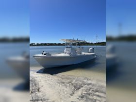 A sleek speedboat is docked on the sandy shore, showcasing its pristine design against a clear blue sky — perfect for fishing or leisure outings.