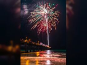 A stunning display of fireworks lights up the night sky above a bustling pier, creating a festive atmosphere perfect for celebrations by the ocean.