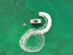 An aerial view of a boat creating a wake in vibrant turquoise waters, showcasing the excitement of water activities and the beauty of the marine environment.