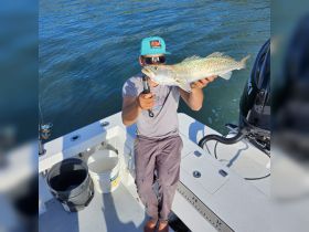 A proud angler holds up a large fish on the deck of a boat, showcasing the thrill of a successful fishing trip.