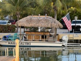 A charming tiki boat named 'Nau Kaltiki' docked in a serene marina, showcasing its unique thatched roof and inviting design, perfect for leisurely outings.