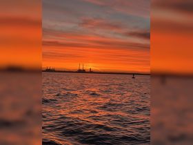 A stunning sunset casts vibrant orange hues over the water, creating a picturesque backdrop with silhouettes of industrial structures on the horizon.