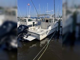 A well-maintained fishing boat named 'Backlash' docked in Pasadena, MD, surrounded by other vessels, showcasing its sturdy design and readiness for adventure.