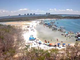 A vibrant scene at a sandbar with numerous boats anchored and groups of people enjoying the sun and water — a perfect day for beach fun and relaxation.