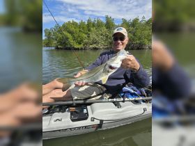 A proud angler holds up a freshly caught fish while kayaking in serene waters, showcasing the thrill of fishing adventures in nature.
