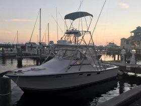 A sleek fishing boat named 'Topaz' docked at sunset, showcasing its structure against a serene marina backdrop.