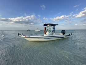 A group enjoys a day on the water aboard a Ranger boat, with a beautiful beach backdrop and clear skies, perfect for a fun-filled adventure.