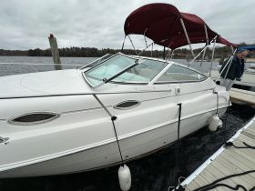 A sleek speedboat docked at the marina, showcasing its elegant design and ready for a day on the water.