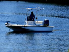 A speedboat navigates through calm waters, showcasing its sleek design and performance. Perfect for fishing or leisurely outings on the water.