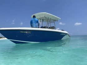 A speedboat named 'LAVENIER' is anchored in clear turquoise waters, showcasing its sleek design against a beautiful sky.