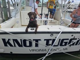 A playful dog lounges on the edge of a fishing boat while family members prepare for a day on the water in Virginia Beach. Perfect for family fishing trips and pet-friendly adventures.