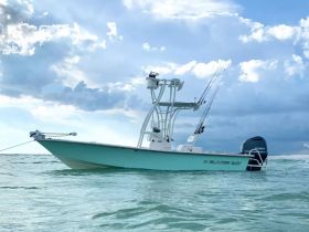 A sleek Blazer Bay boat glides through clear waters under a dramatic sky, showcasing its stylish design and perfect for fishing or leisure outings.